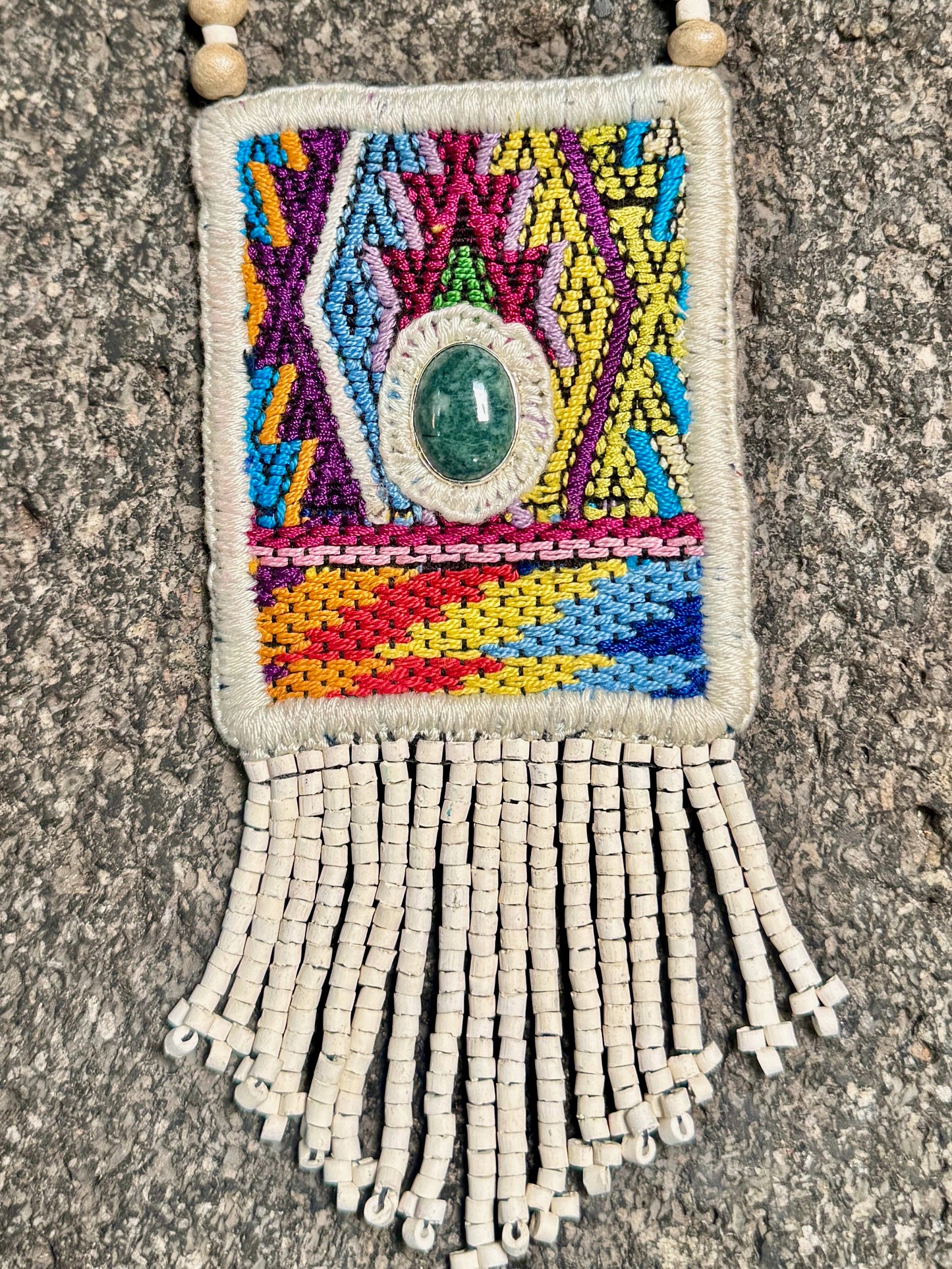 Vintage Chichicastenango Textile Pendant Necklace with Jade & Bead Fringe, white/multicolor