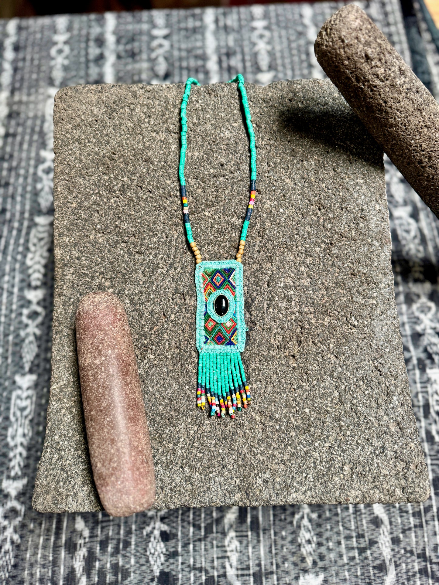 Vintage Chichicastenango Textile Pendant Necklace with Jade & Bead Fringe, turquoise black jade