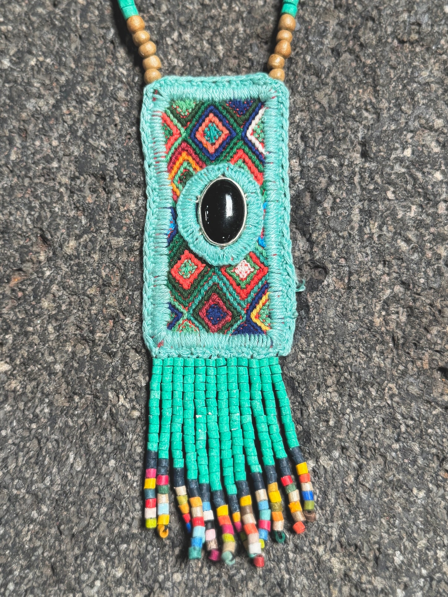 Vintage Chichicastenango Textile Pendant Necklace with Jade & Bead Fringe, turquoise black jade