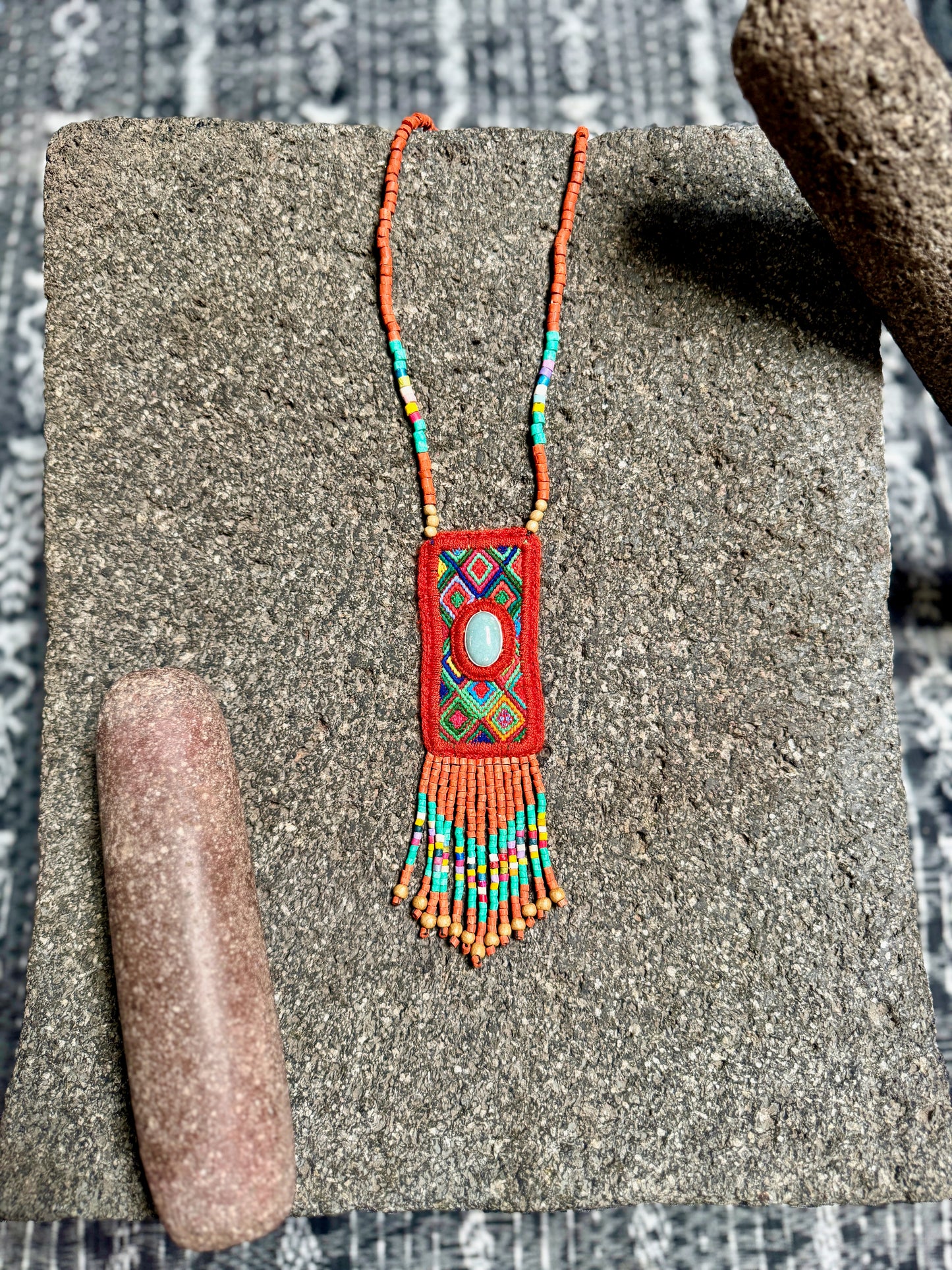 Vintage Chichicastenango Textile Pendant Necklace with Jade & Bead Fringe, orange