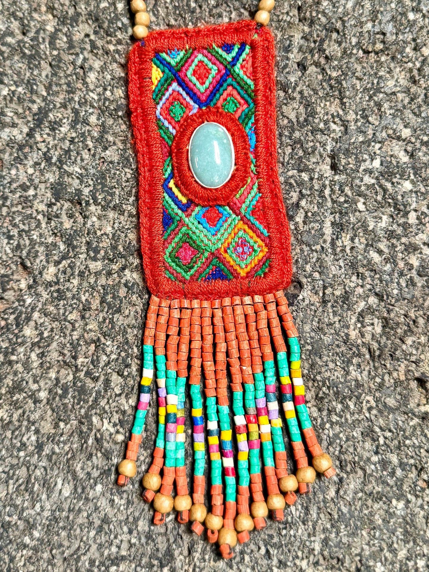 Vintage Chichicastenango Textile Pendant Necklace with Jade & Bead Fringe, orange