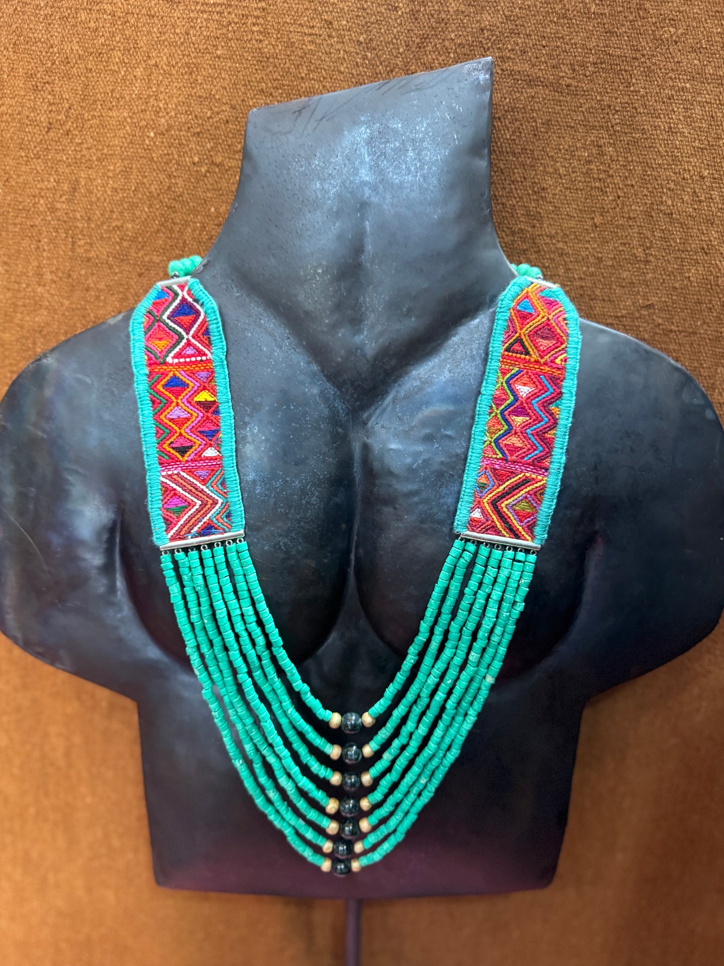 Adjustable Guatemalan Ceremonial Textile Necklace with Jade & Ceramic Beads, turquoise