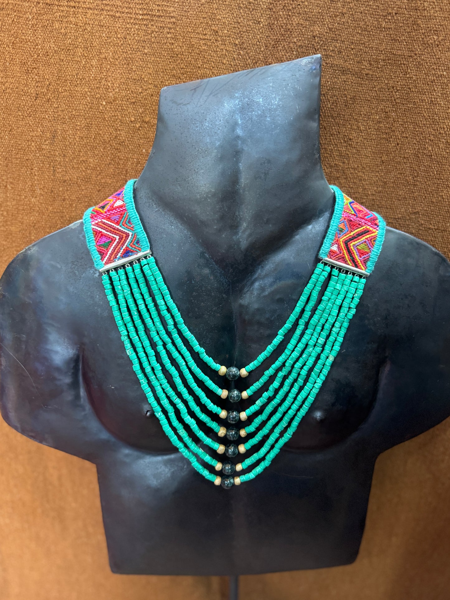 Adjustable Guatemalan Ceremonial Textile Necklace with Jade & Ceramic Beads, turquoise