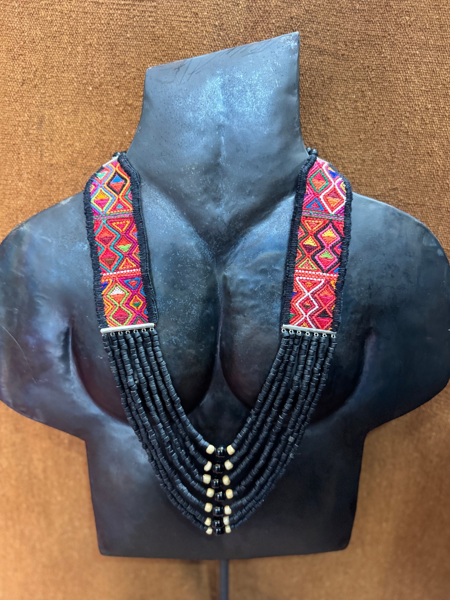 Adjustable Guatemalan Ceremonial Textile Necklace with Jade & Ceramic Beads, black