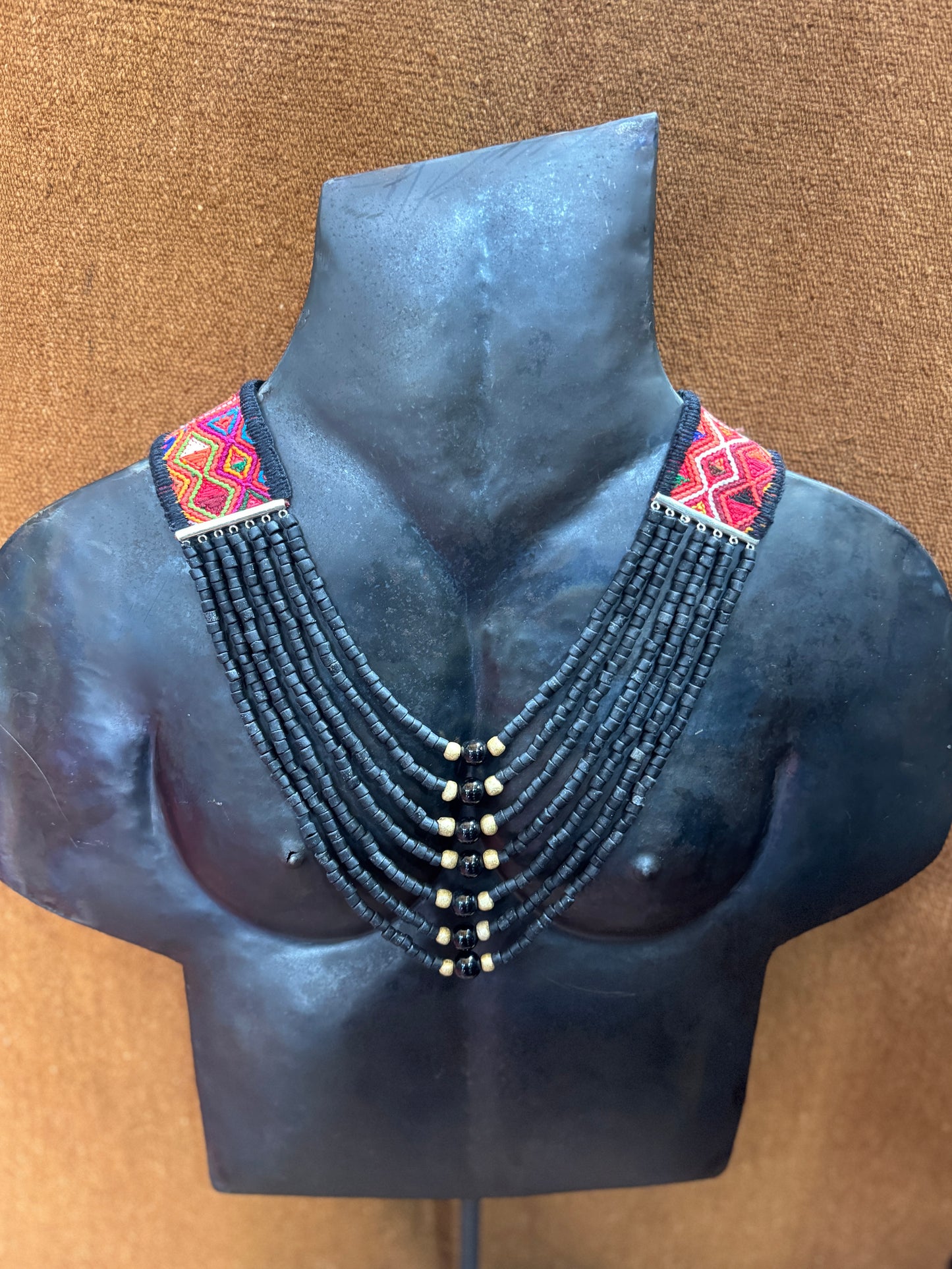 Adjustable Guatemalan Ceremonial Textile Necklace with Jade & Ceramic Beads, black