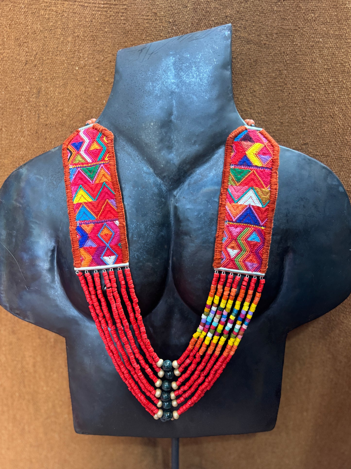 Adjustable Guatemalan Ceremonial Textile Necklace with Jade & Ceramic Beads, red and yellow
