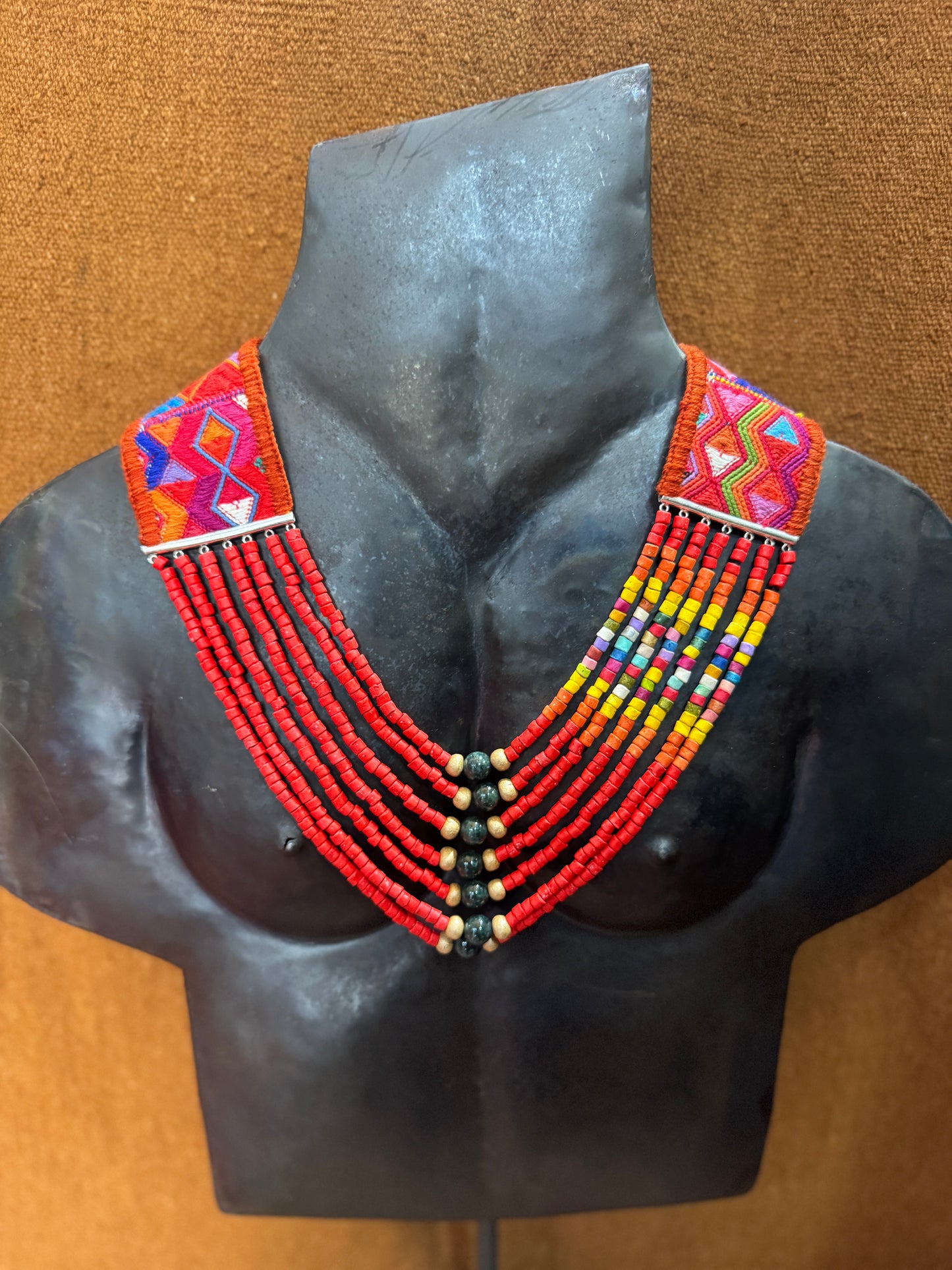 Adjustable Guatemalan Ceremonial Textile Necklace with Jade & Ceramic Beads, red and yellow