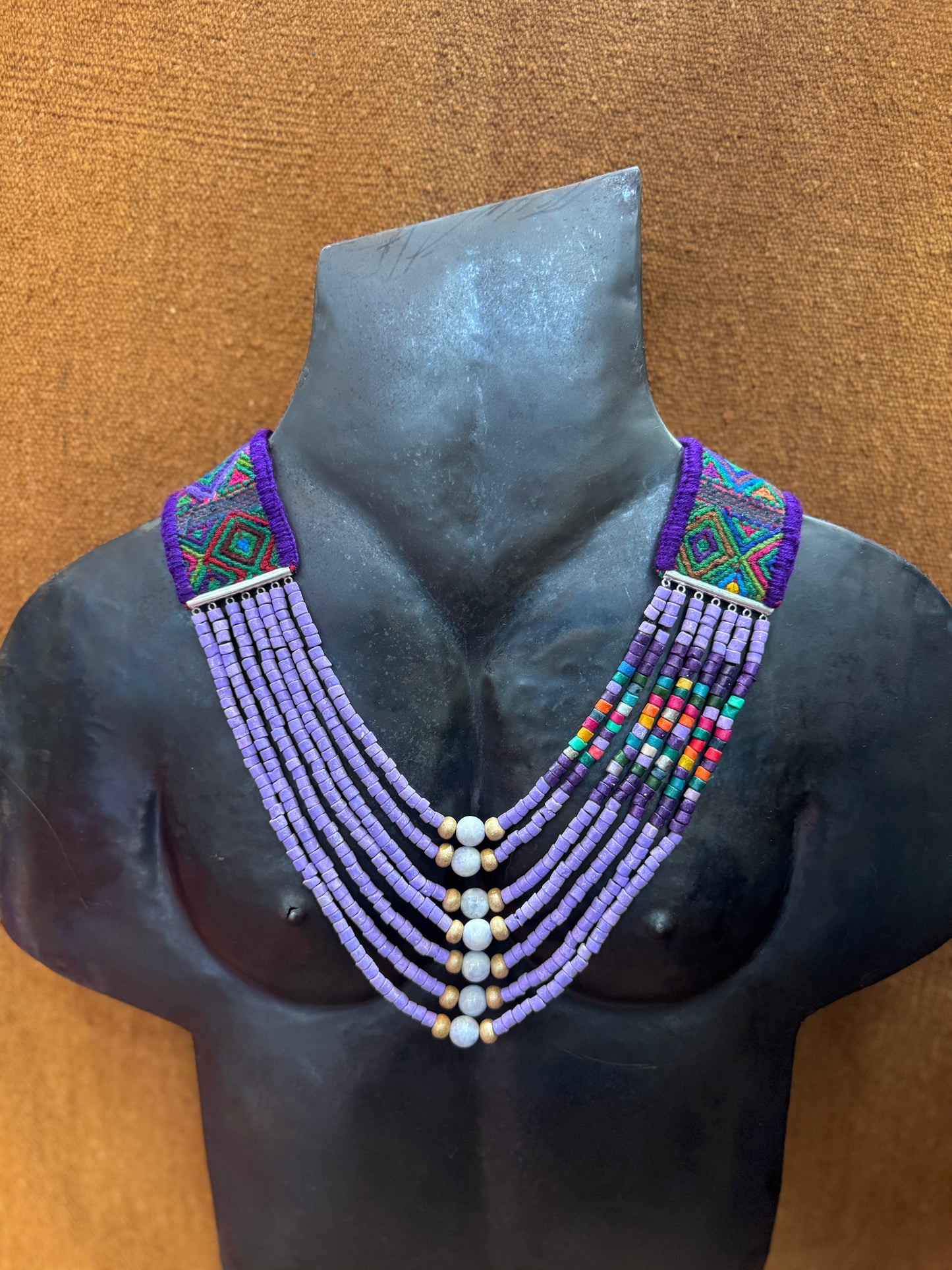 Adjustable Guatemalan Ceremonial Textile Necklace with Lavender Jade & Ceramic Beads, pastel purple