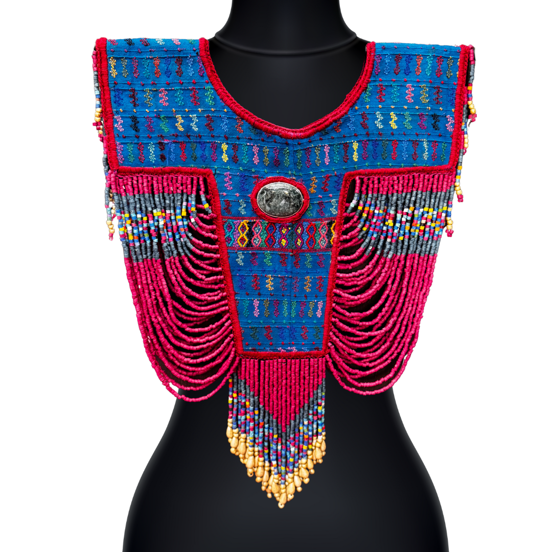 Beaded Tabard Poncho with Traditional Textile & Jade - Fuchsia Palopó