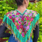 Textile Poncho with Beaded Fringes and Jade - "Poncho Cleopatra", Turquoise