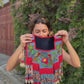 Handmade Poncho with Hand-Embroidered Birds and Beaded Fringes - Red Denim