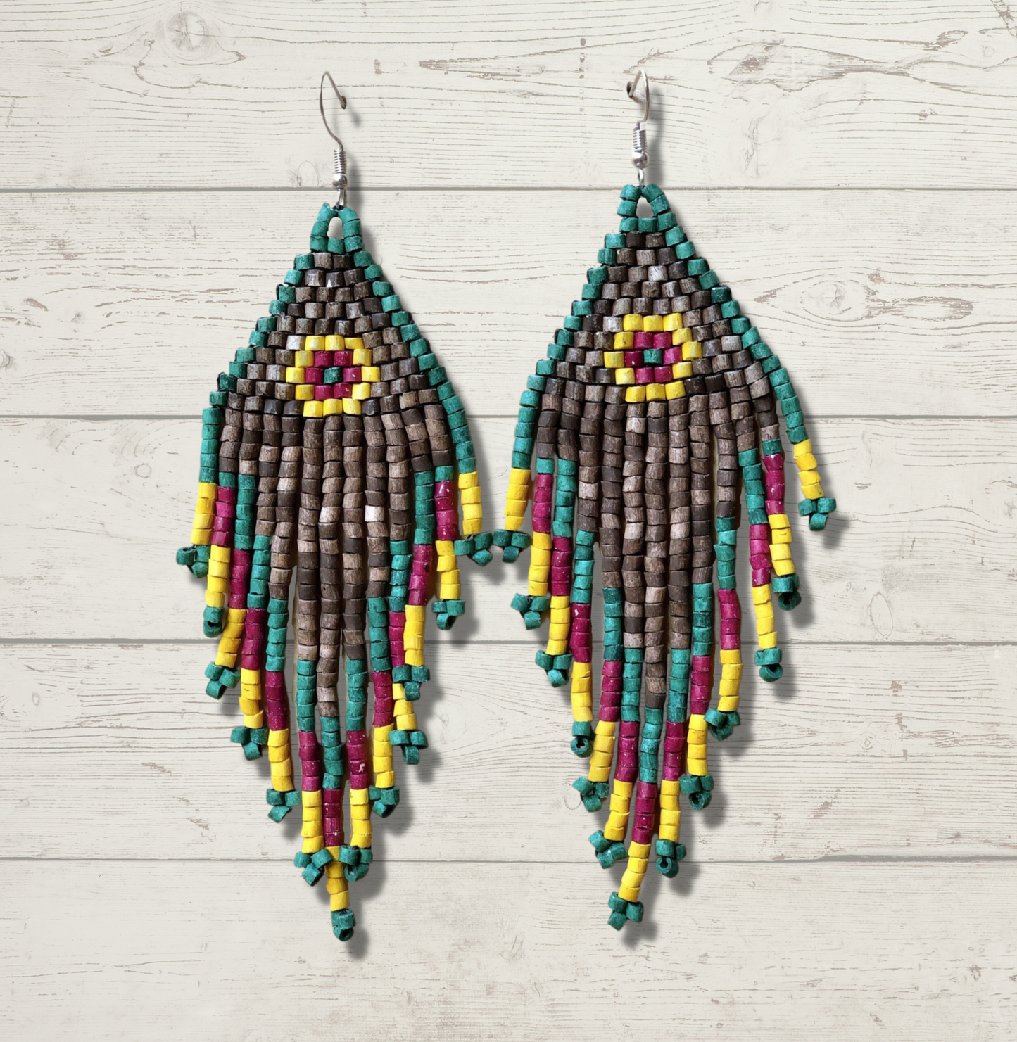 Pendientes colgantes largos con cuentas - "Tikal Spot", hechos a mano