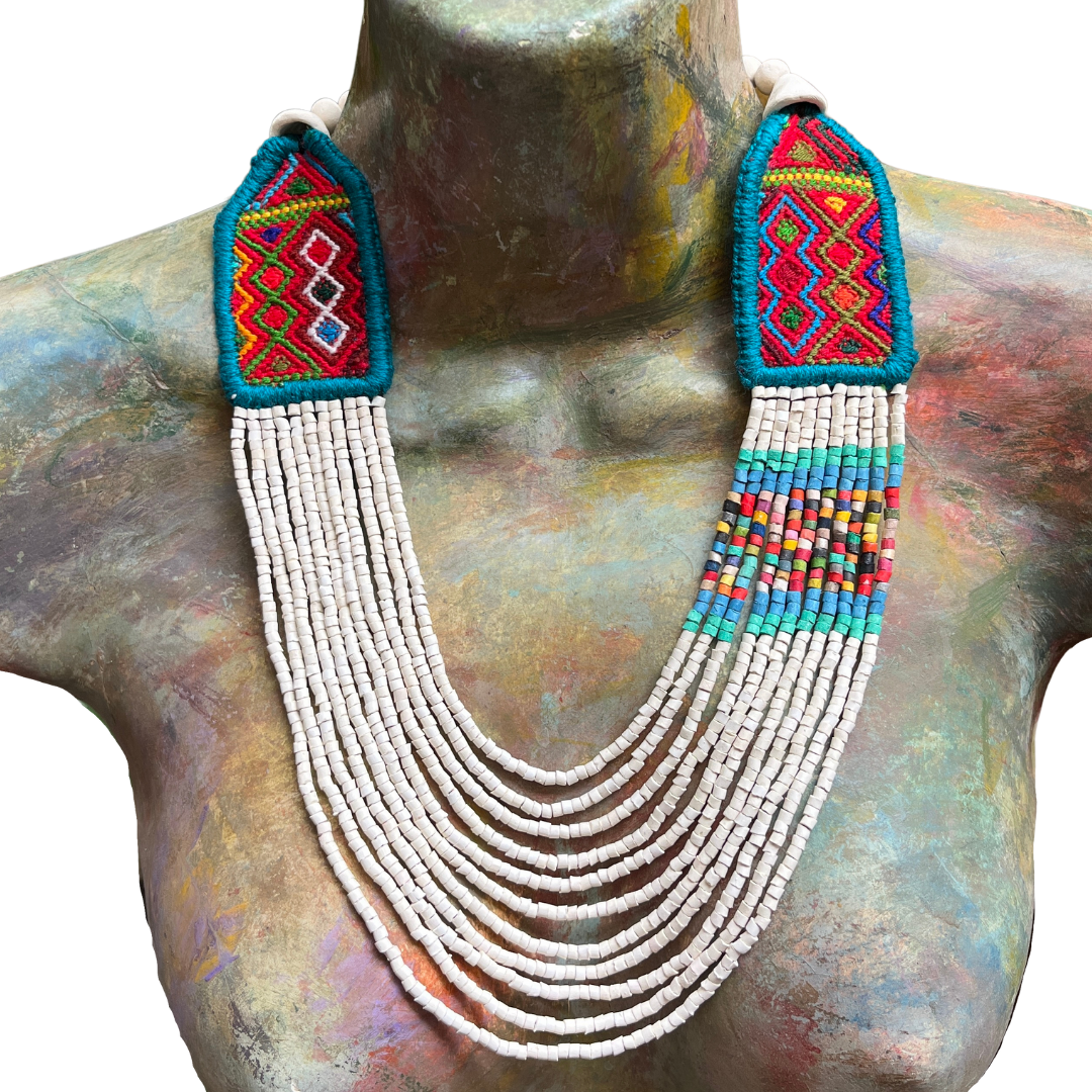 Necklaces with ceremonial textile and beaded chains - "Aguacatán Blancos"