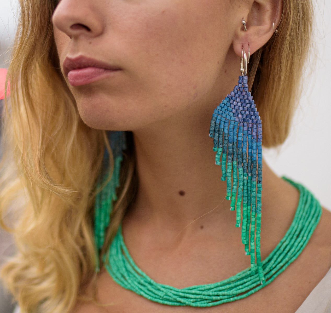Long Beaded, Dangle Earrings - "Quetzal Synergy", handmade