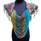 Textile Cape with Beaded Body Chains - "Huipil Capa", teal/olive