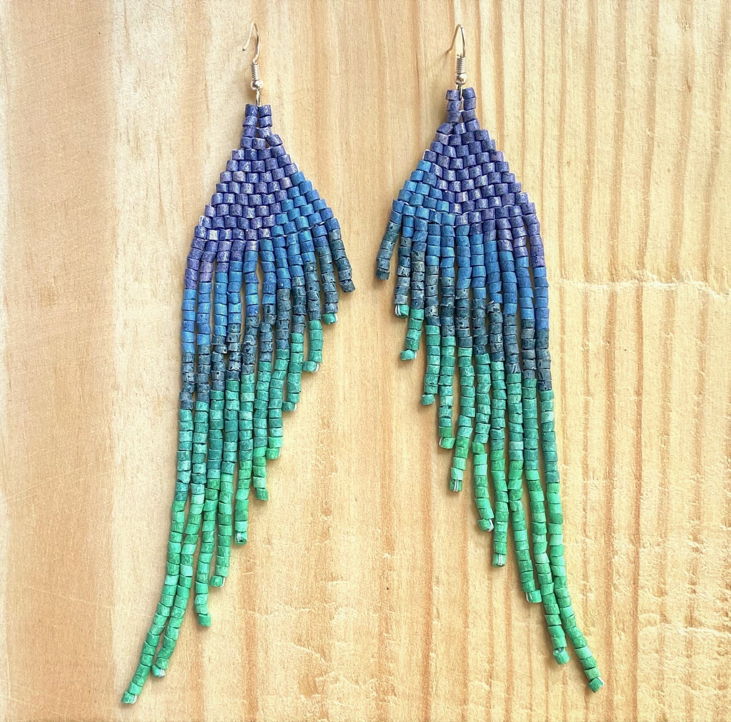 Long Beaded, Dangle Earrings - "Quetzal Synergy", handmade