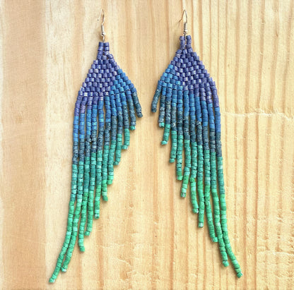 Long Beaded, Dangle Earrings - "Quetzal Synergy", handmade