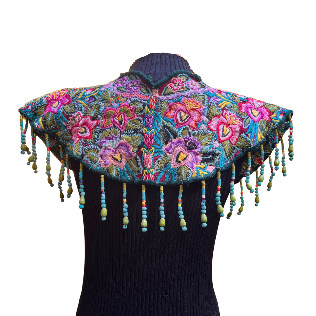Textile Cape with Beaded Body Chains - "Huipil Capa", teal/olive
