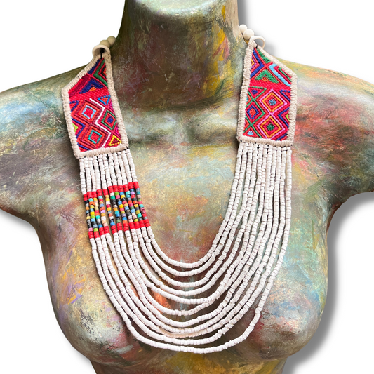 Necklaces with ceremonial textile and beaded chains - "Aguacatán Blancos"