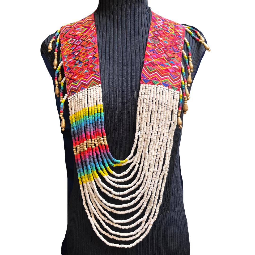 Ceremonial Shoulder Piece with Beaded Chains - "Aguacatán", white/rainbow