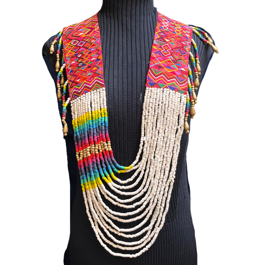 Ceremonial Shoulder Piece with Beaded Chains - "Aguacatán", white/rainbow