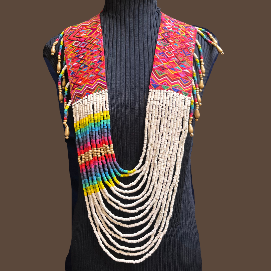 Ceremonial Shoulder Piece with Beaded Chains - "Aguacatán", white/rainbow