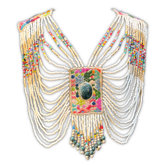 Body Jewelry with Beaded Chains and Jade Stone - "Goddess Warrior", white/multicolor