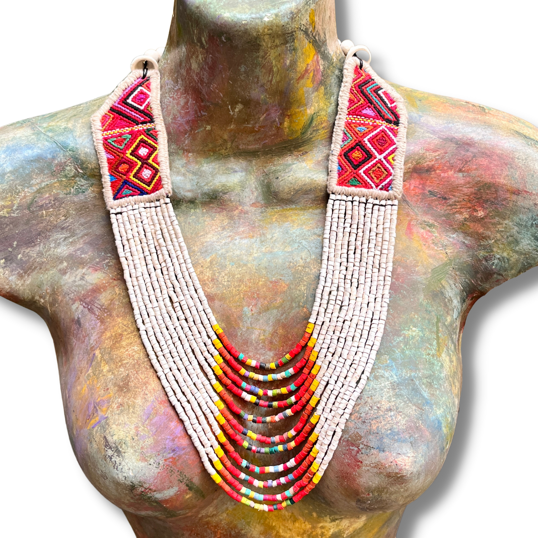 Necklaces with ceremonial textile and beaded chains - "Aguacatán Blancos"