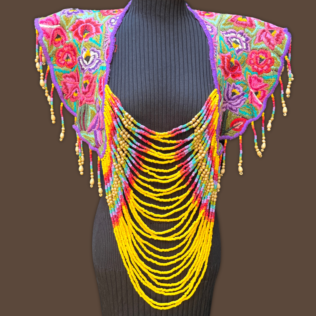Textile Cape with Beaded Body Chains - "Huipil Capa", fierce vibrant