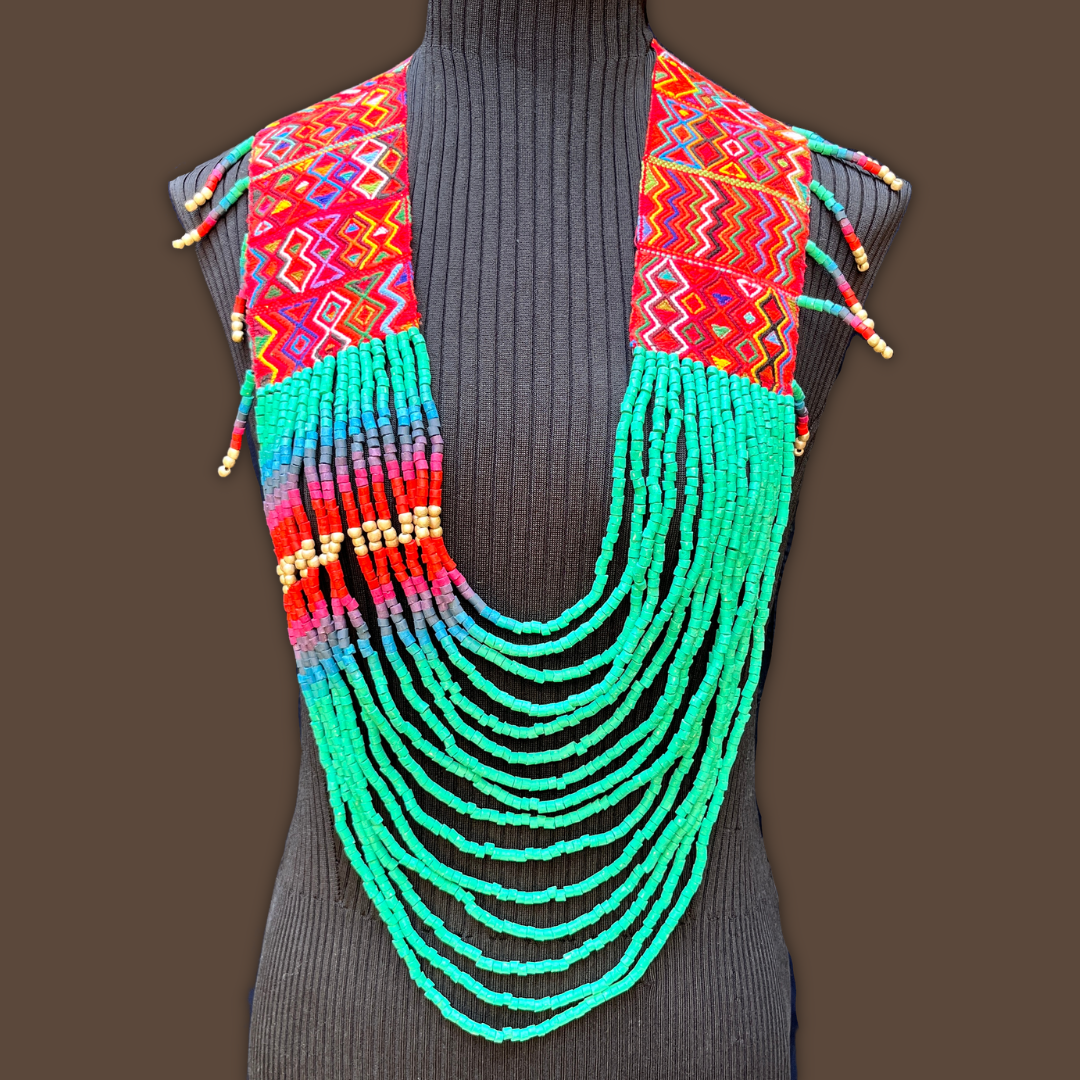 Ceremonial Shoulder Piece with Beaded Chains - "Aguacatán", turquoise/violet