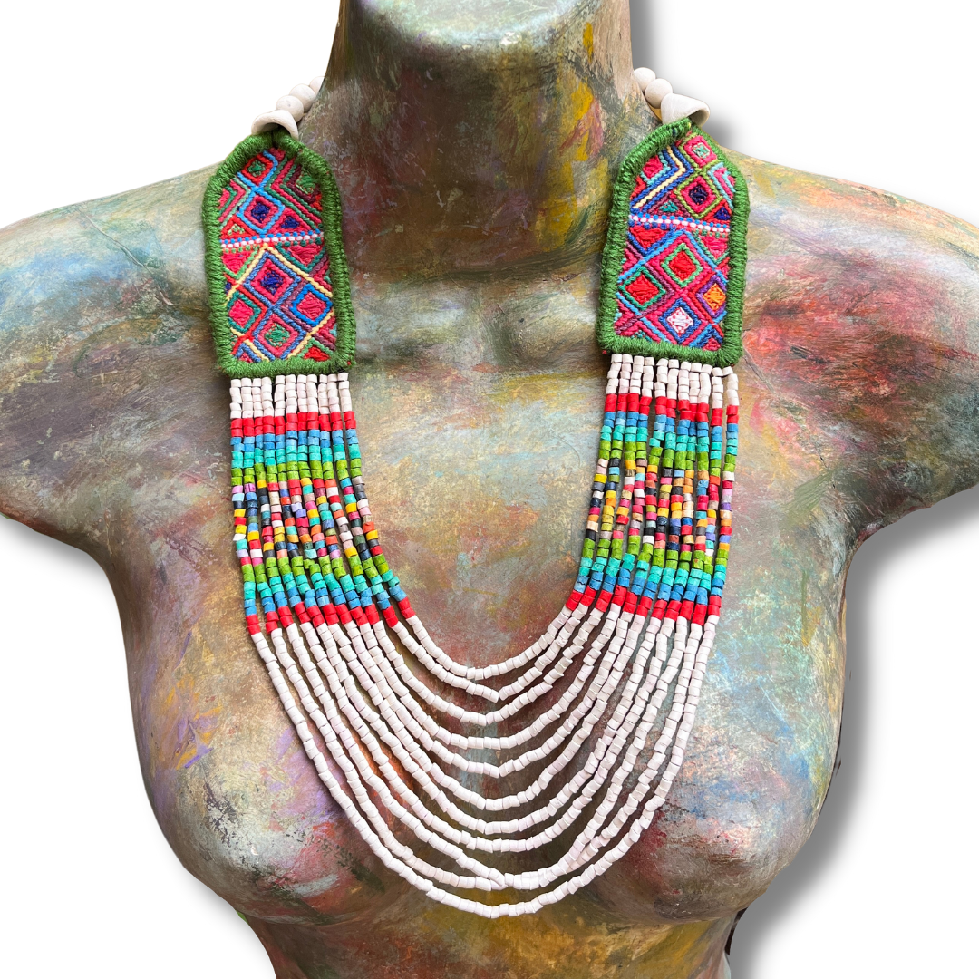 Necklaces with ceremonial textile and beaded chains - "Aguacatán Blancos"