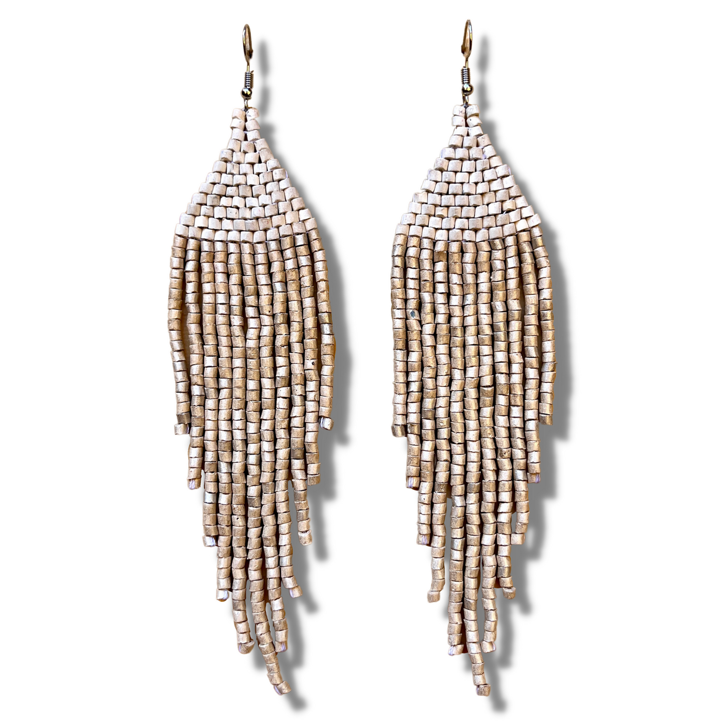 Ceramic-beaded, Dangling Earrings - "Slim Tikal Shimmer Duet"