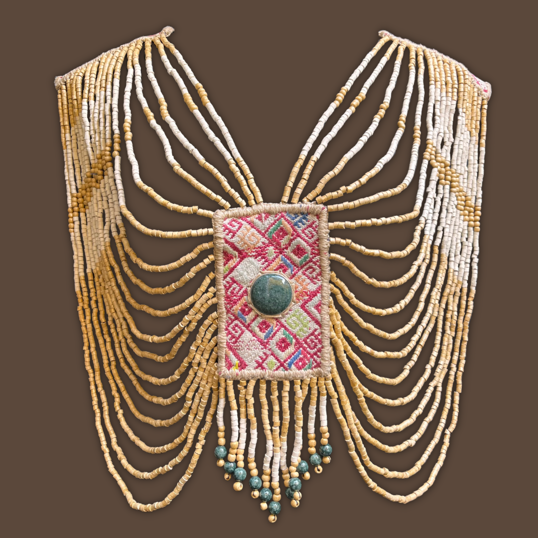 Body Jewelry with Beaded Chains and Jade Stone - "Goddess Warrior", rosa/gold
