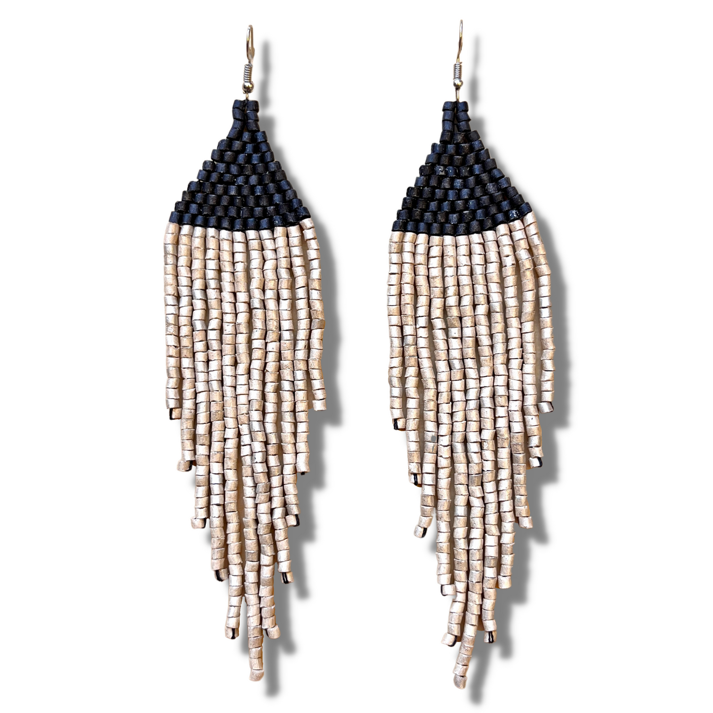 Ceramic-beaded, Dangling Earrings - "Slim Tikal Shimmer Duet"