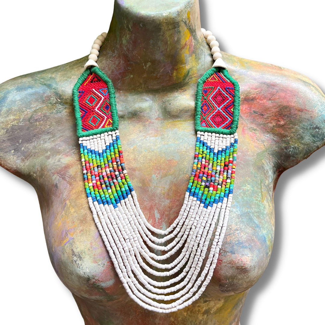 Necklaces with ceremonial textile and beaded chains - "Aguacatán Blancos"