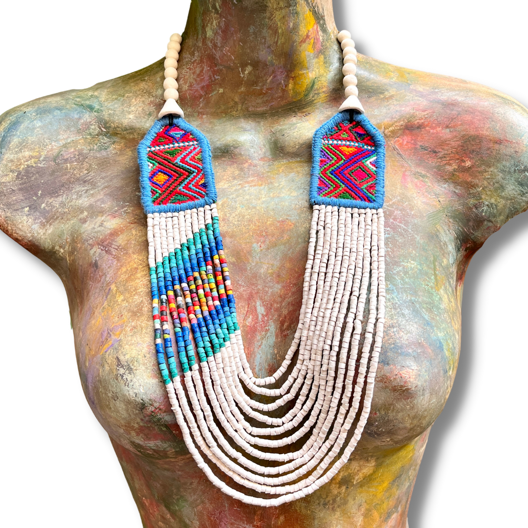 Necklaces with ceremonial textile and beaded chains - "Aguacatán Blancos"