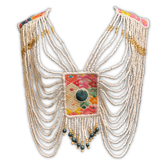 Body Jewelry with Beaded Chains and Jade Stone - "Goddess Warrior", white