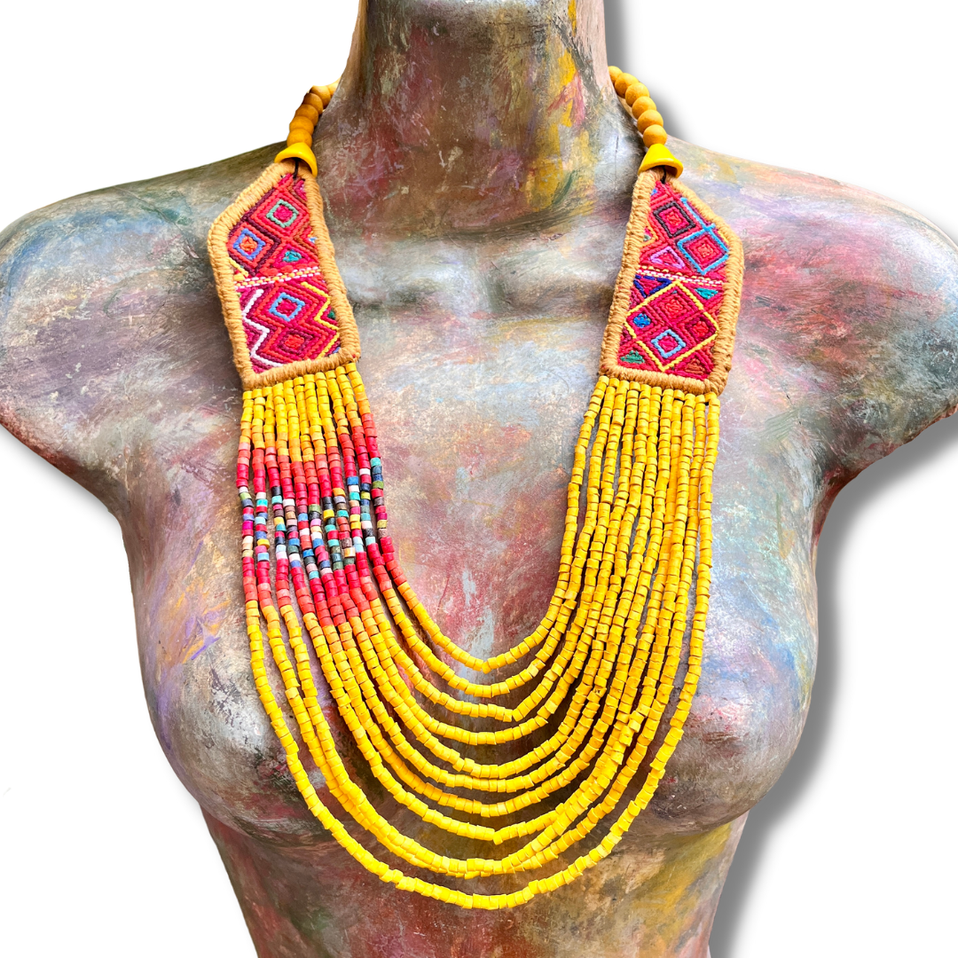 Necklaces with ceremonial textile and beaded chains - "Aguacatán Colores"