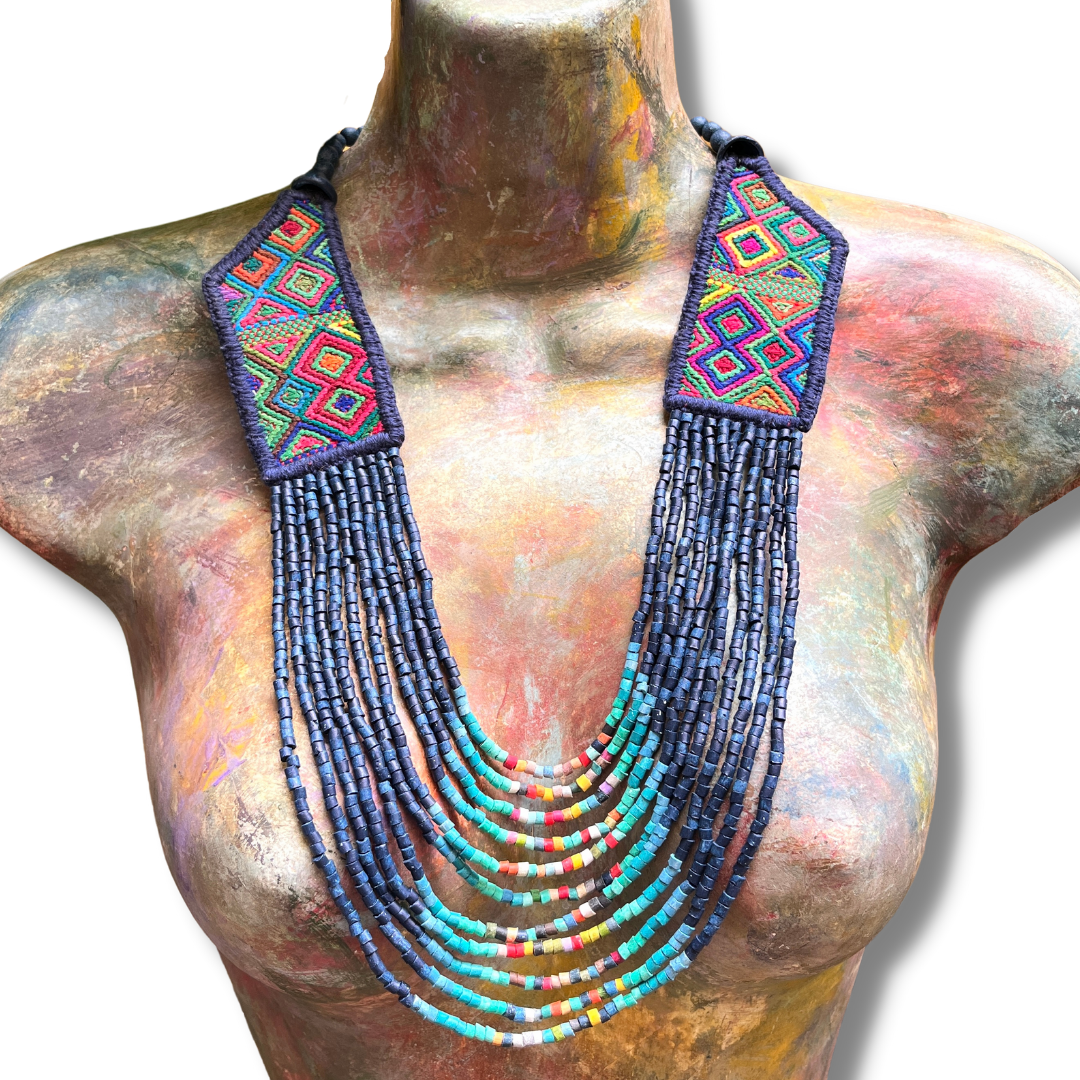 Necklaces with ceremonial textile and beaded chains - "Aguacatán Colores"