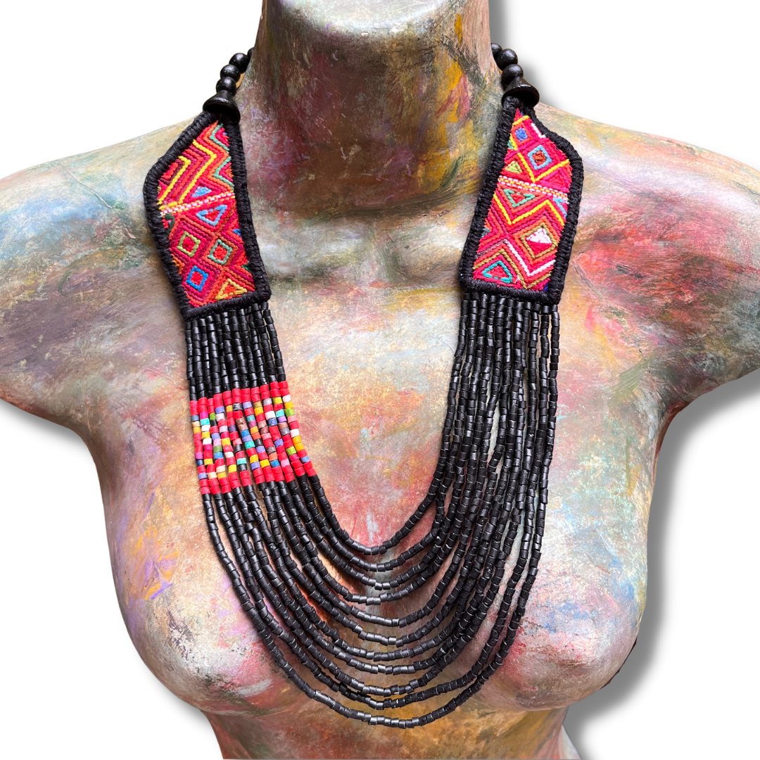 Necklaces with ceremonial textile and beaded chains - "Aguacatán Colores"