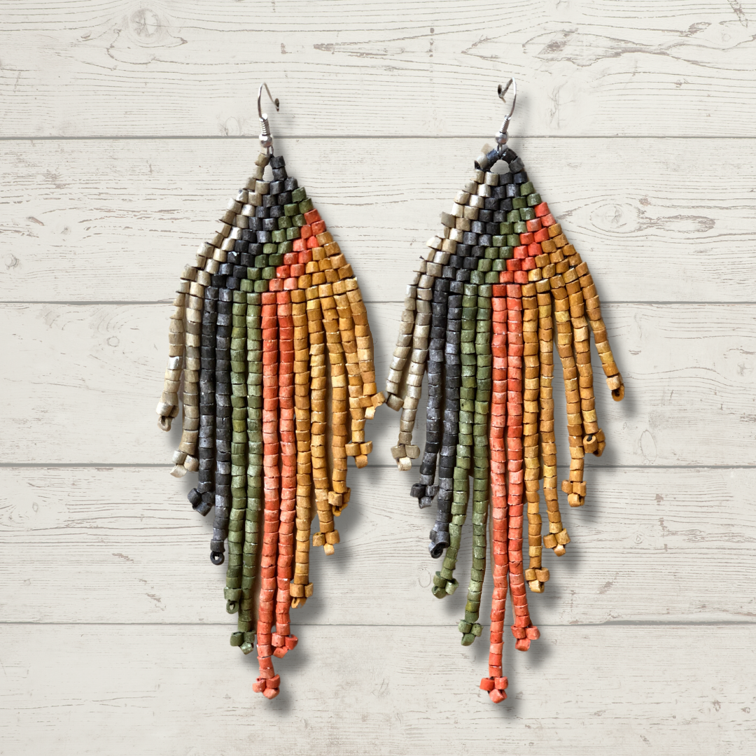Pendientes colgantes largos con cuentas - "Tikal Synergy Earth", hechos a mano