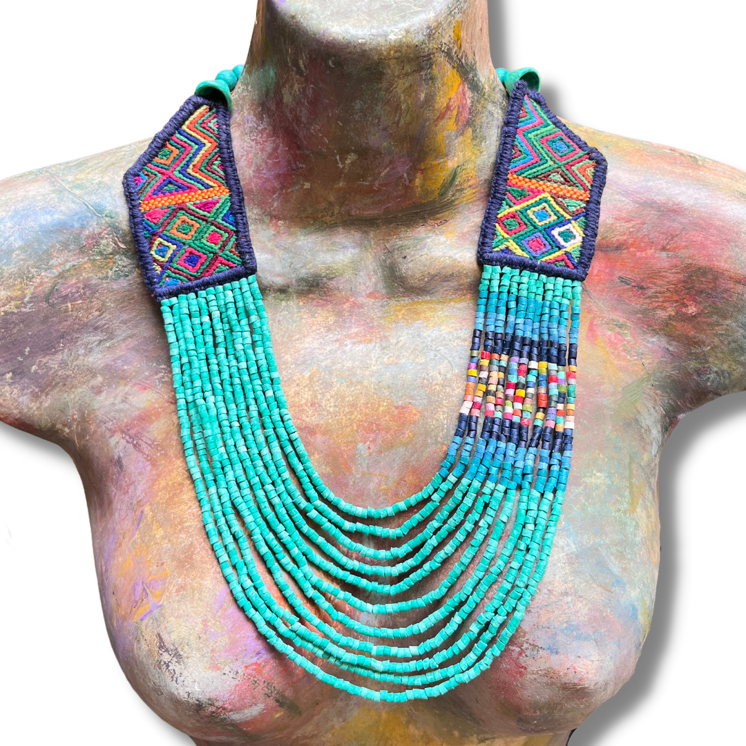 Necklaces with ceremonial textile and beaded chains - "Aguacatán Colores"