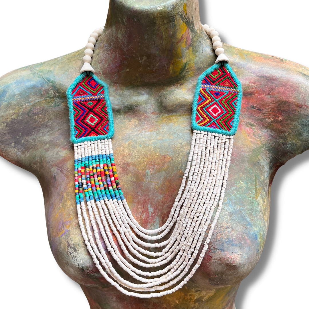 Necklaces with ceremonial textile and beaded chains - "Aguacatán Blancos"