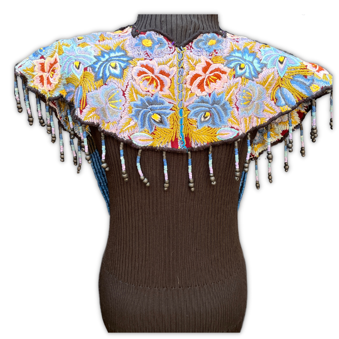 Textile Cape with Beaded Body Chains - "Huipil Capa", navy oceano