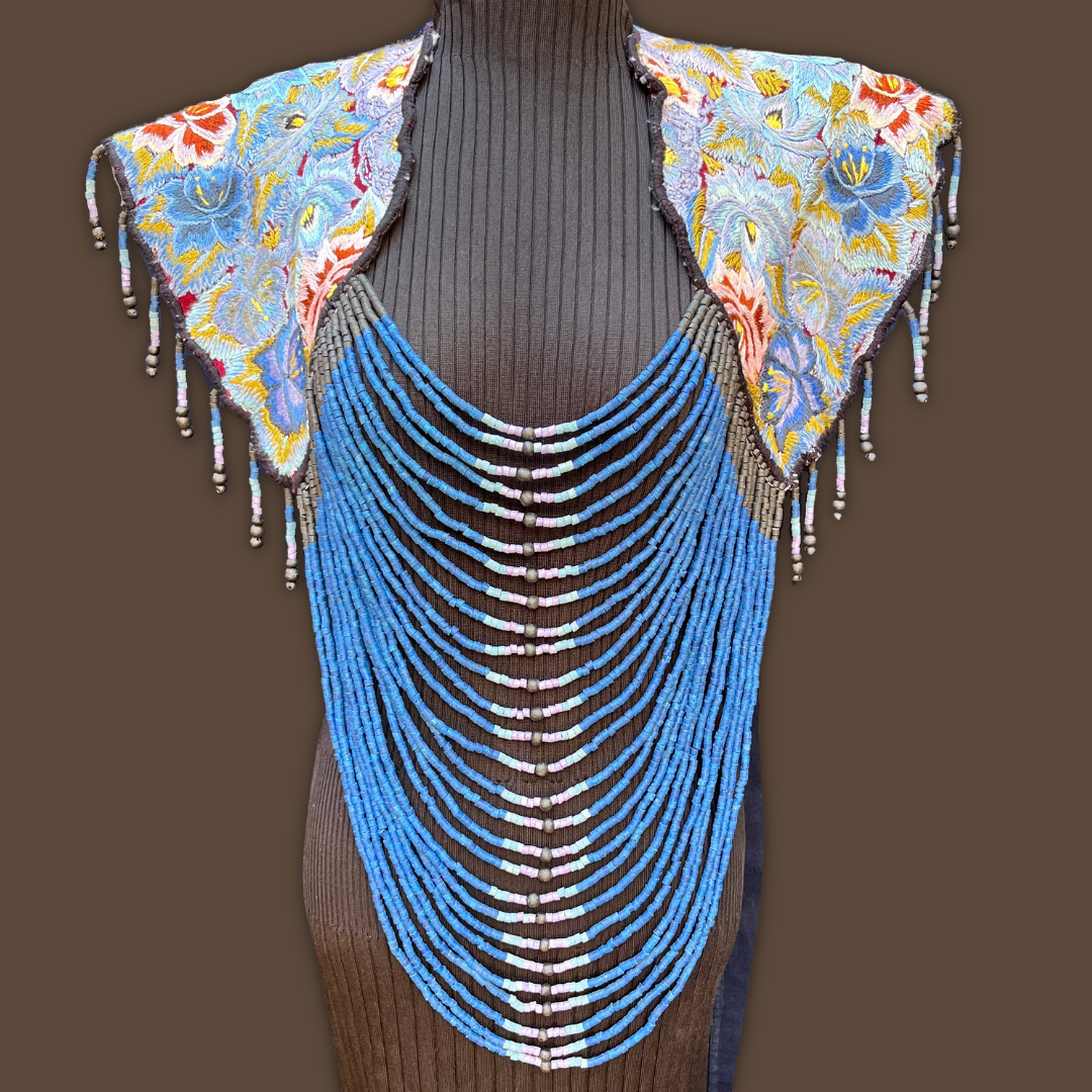 Textile Cape with Beaded Body Chains - "Huipil Capa", navy oceano