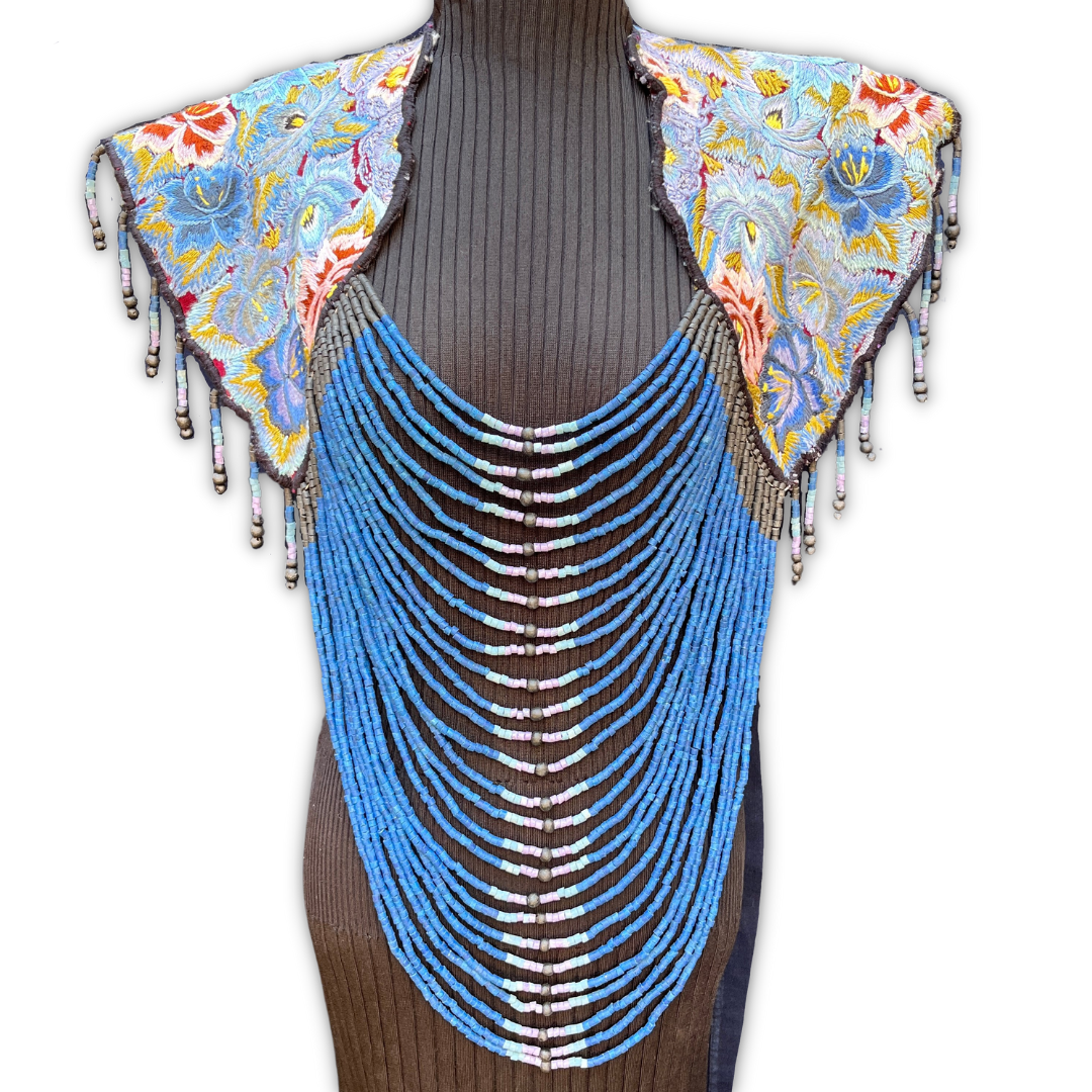 Textile Cape with Beaded Body Chains - "Huipil Capa", navy oceano