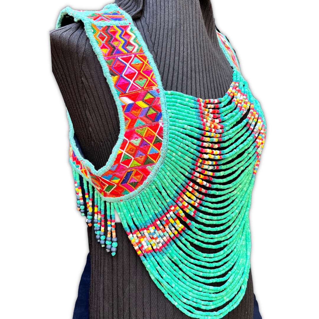 Textile Vest with Beaded Chains - "Imperial Aguacatán", turquoise (S)