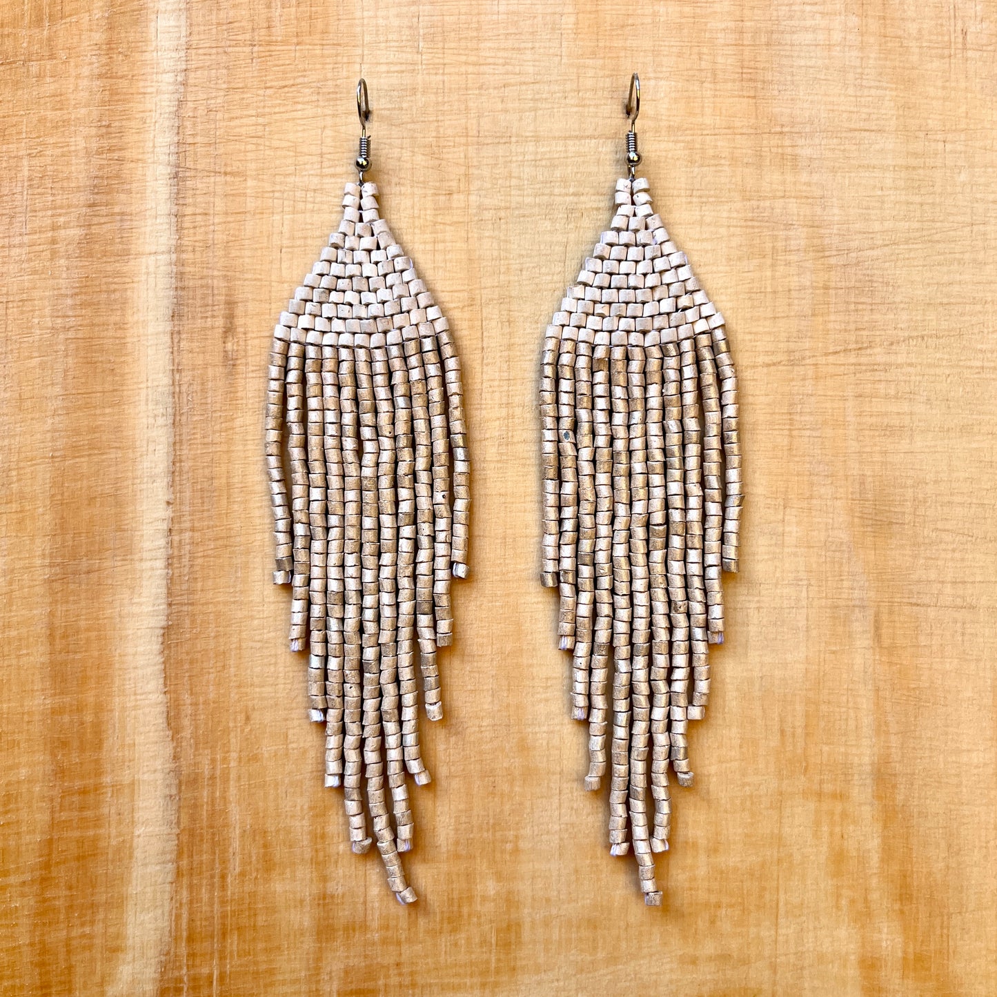 Ceramic-beaded, Dangling Earrings - "Slim Tikal Shimmer Duet"
