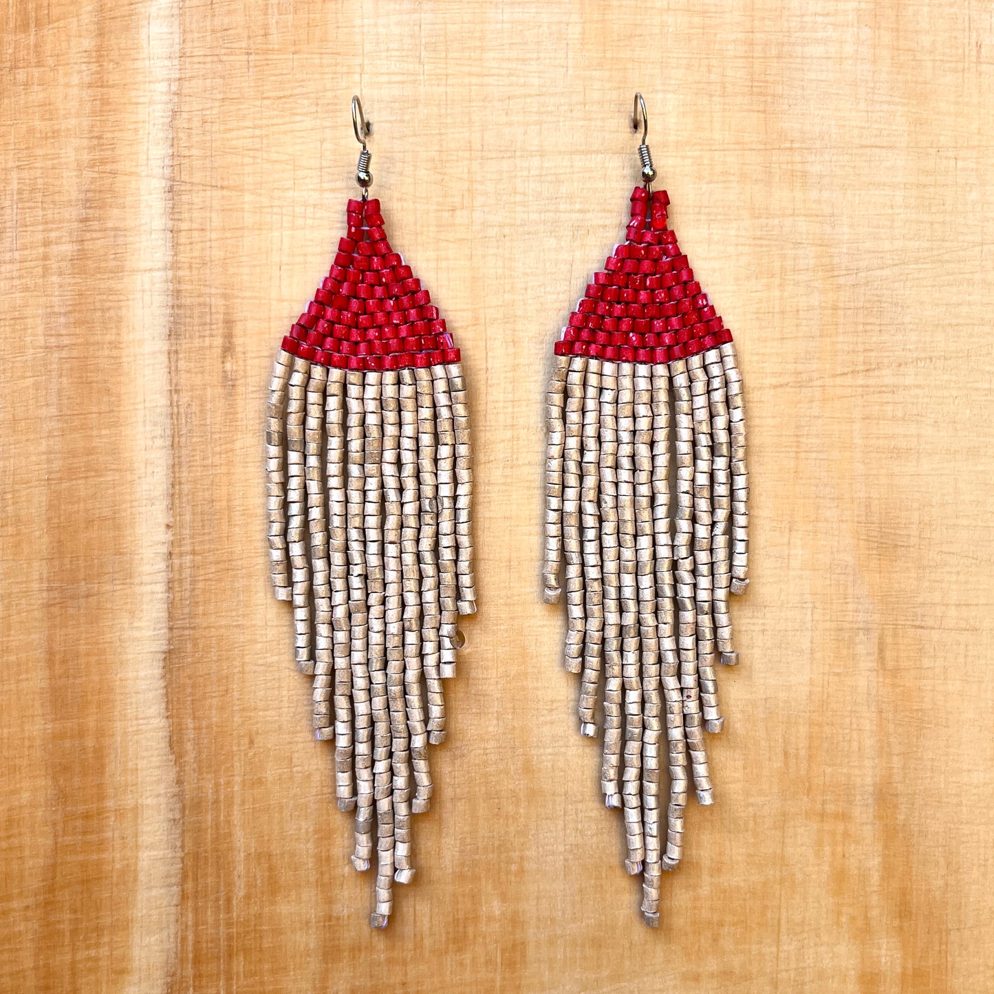 Ceramic-beaded, Dangling Earrings - "Slim Tikal Shimmer Duet"