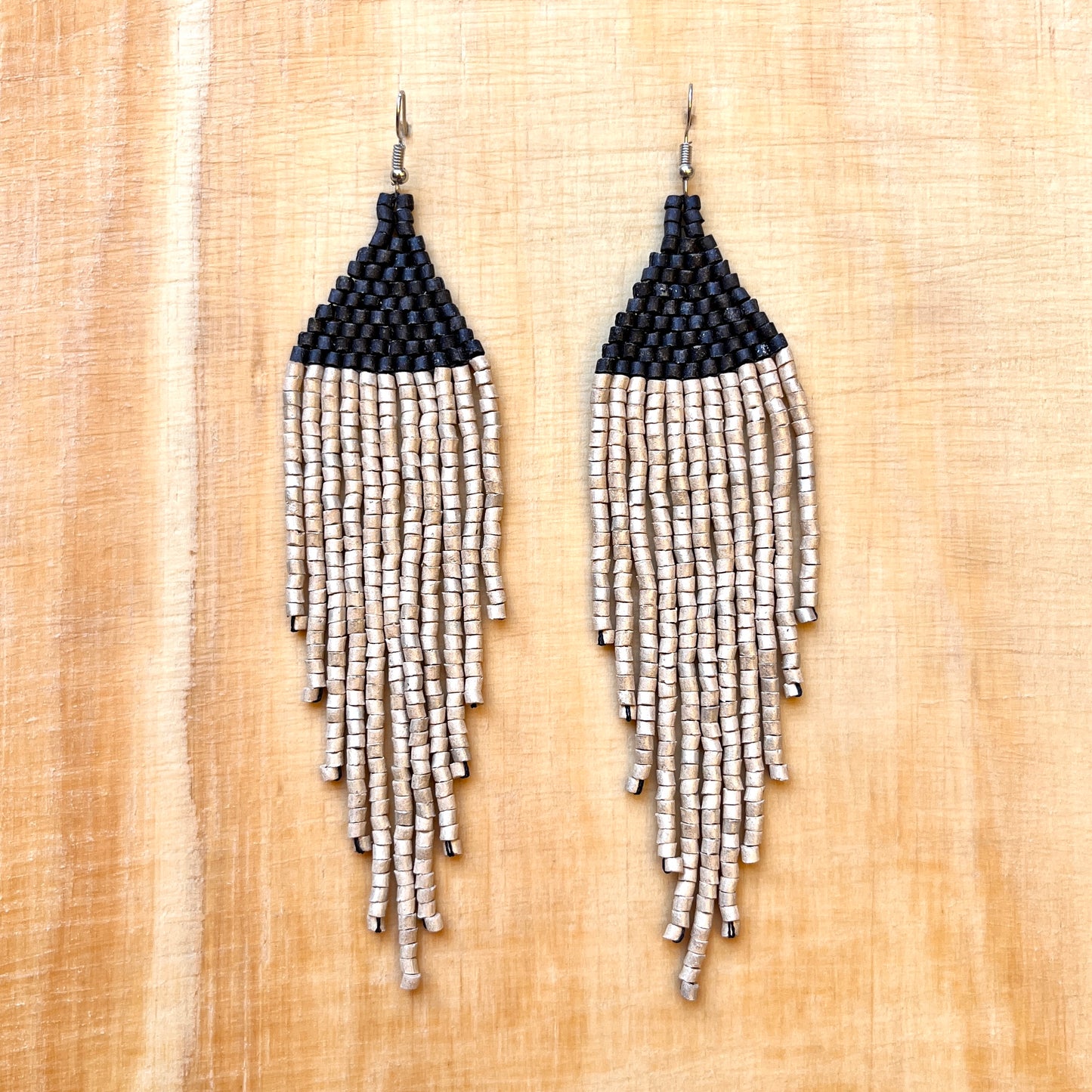 Ceramic-beaded, Dangling Earrings - "Slim Tikal Shimmer Duet"